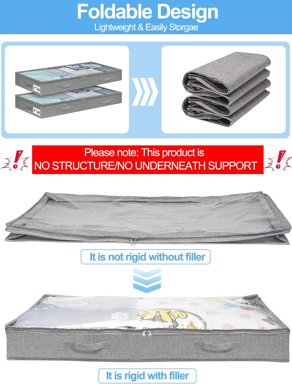 punemi 5 Inches High Low Profile Under Bed Storage Containers，No-Structure,Soft Fabric Zippered Underbed Storage bins for Clothes and Blankets— Fits Under Crib, Couch or Dorm bed,2-Pack,Grey