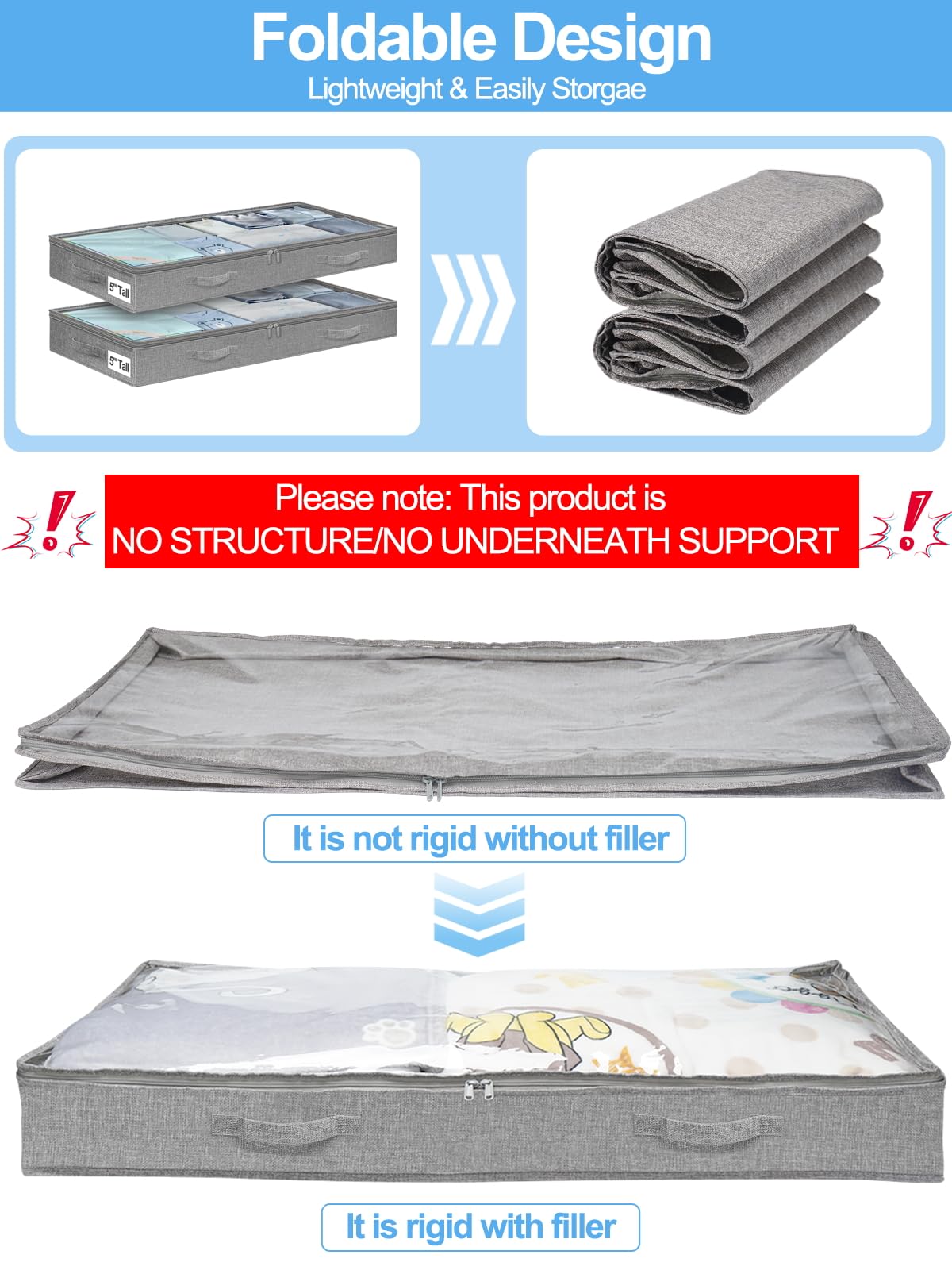 punemi 5 Inches High Low Profile Under Bed Storage Containers，No-Structure,Soft Fabric Zippered Underbed Storage bins for Clothes and Blankets— Fits Under Crib, Couch or Dorm bed,2-Pack,Grey
