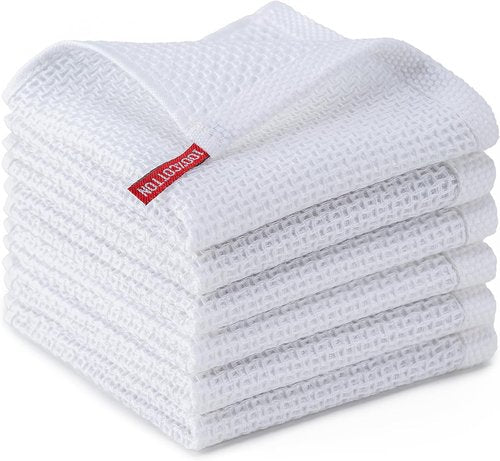 BOOMIBOO 6-Pack Cotton Dish Cloths - Ultra Soft, Absorbent Waffle Weave Towels | 12x12 Inches, White