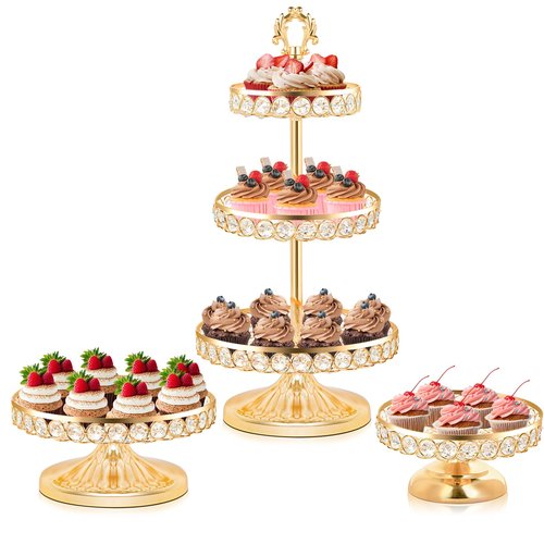 KEHAIL Round Metal 3 Tier Cupcake Tray Set, Crystal Dessert Display Stand for Weddings, Birthdays, Anniversaries, Party Centerpieces, Snacks and Fruit Plates (Gold, Set of 3)