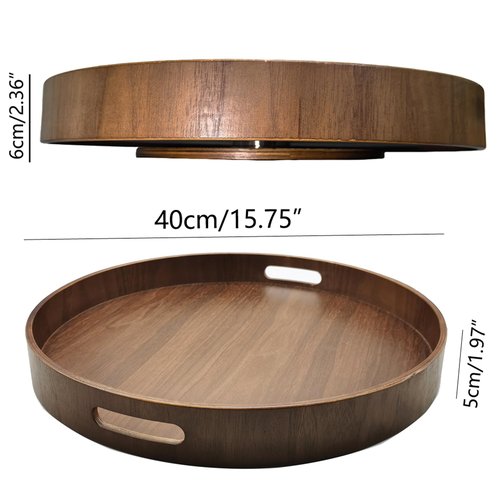 i-lan 16-inch Wooden Lazy Susan Turntable - Large Decorative Rotating Tray Made of Walnut Wood with Dual Handles & Silent Bearing for Kitchen Dining Organizer