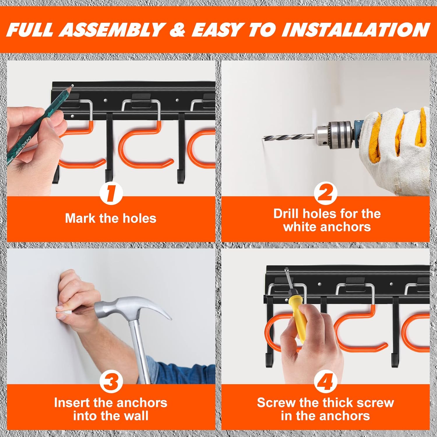 TVKB 51'' Metal Garden Tool Organizer - Adjustable Wall Mount Storage with Heavy-Duty Hooks