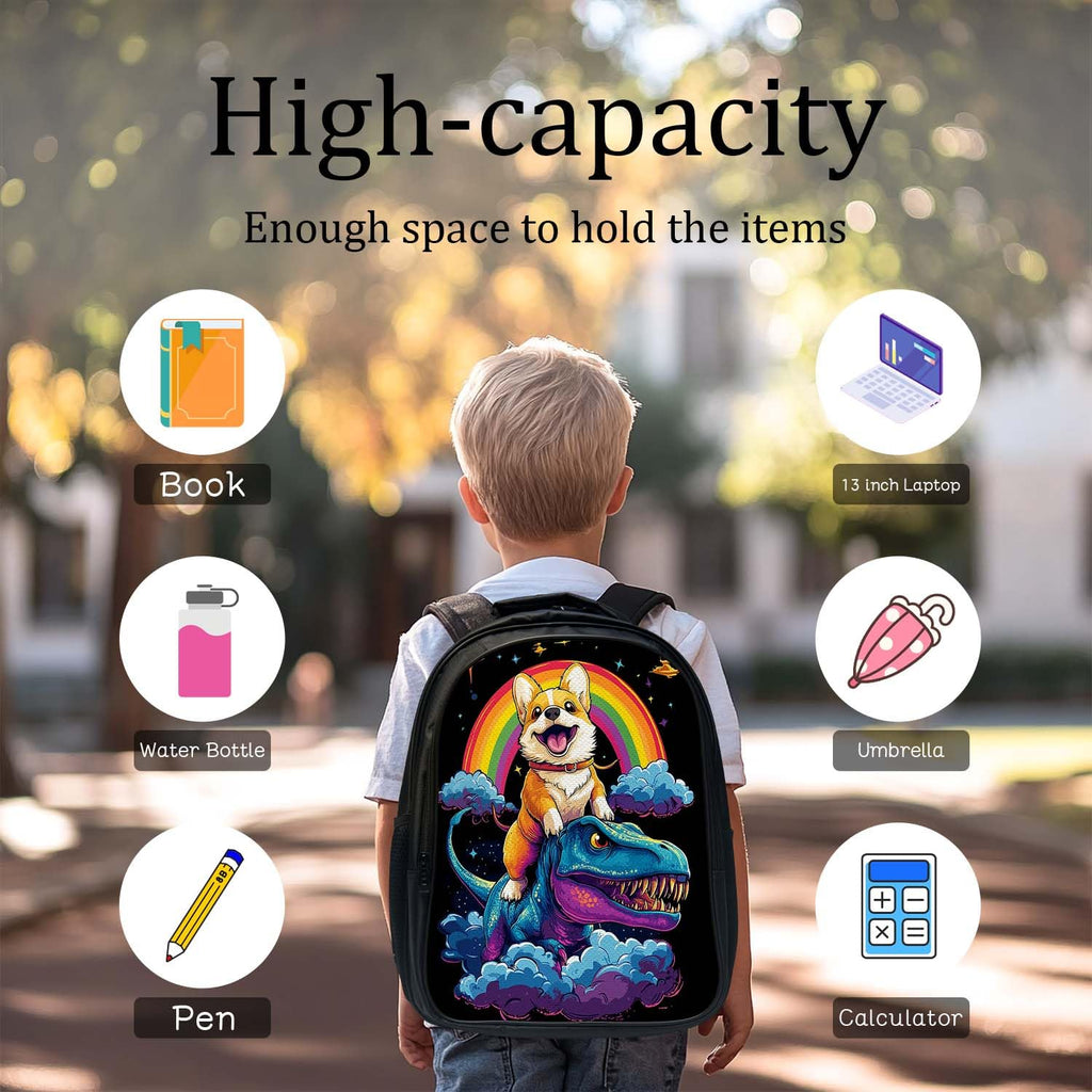 Snapjet Cute Corgi Dinosaur Backpack 3PCS 16" Preschool Elementary Schoolbag with Lunch Box Pencil Case Bookbag Set for Girls Boys Kids Children Teens School Students