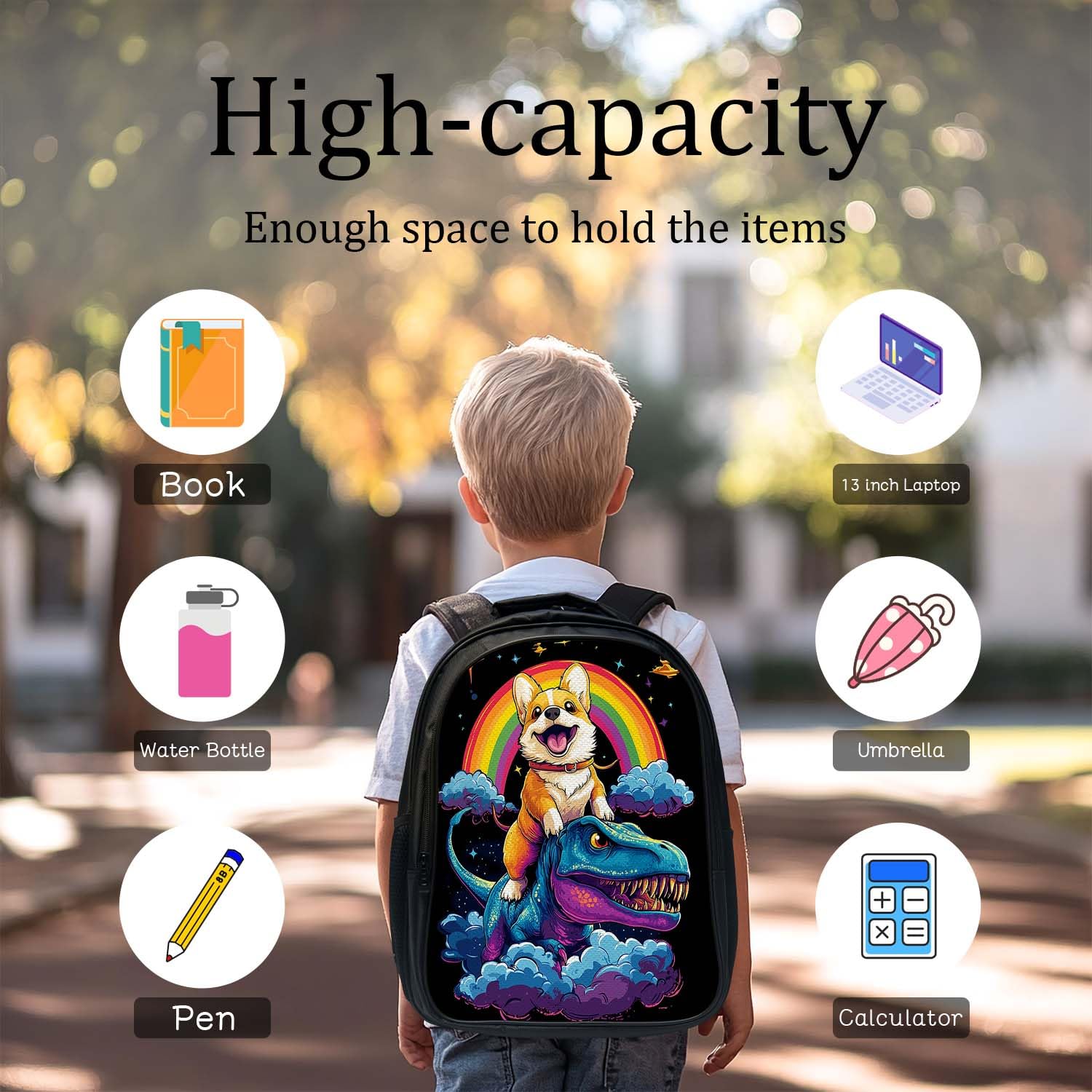 Snapjet Cute Corgi Dinosaur Backpack 3PCS 16" Preschool Elementary Schoolbag with Lunch Box Pencil Case Bookbag Set for Girls Boys Kids Children Teens School Students