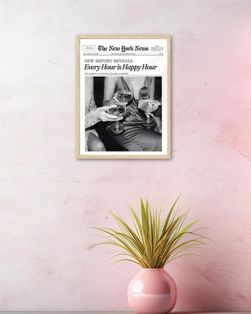iHery Trendy Newspaper Wall Art - Natural Oak Wood Framed Canvas Decor | 8x10in Retro Prints for Bedroom & Living Room