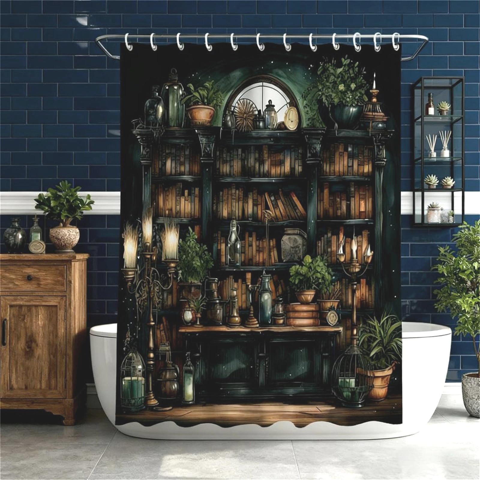 TSLOVER Gothic Bookshelf Shower Curtain for Bathroom Decor,Witchy Dark Academia Shower Curtains with Plant and Bookshelf Decor,Funny Waterproof Polyester Bath Curtains,72x72 Inch