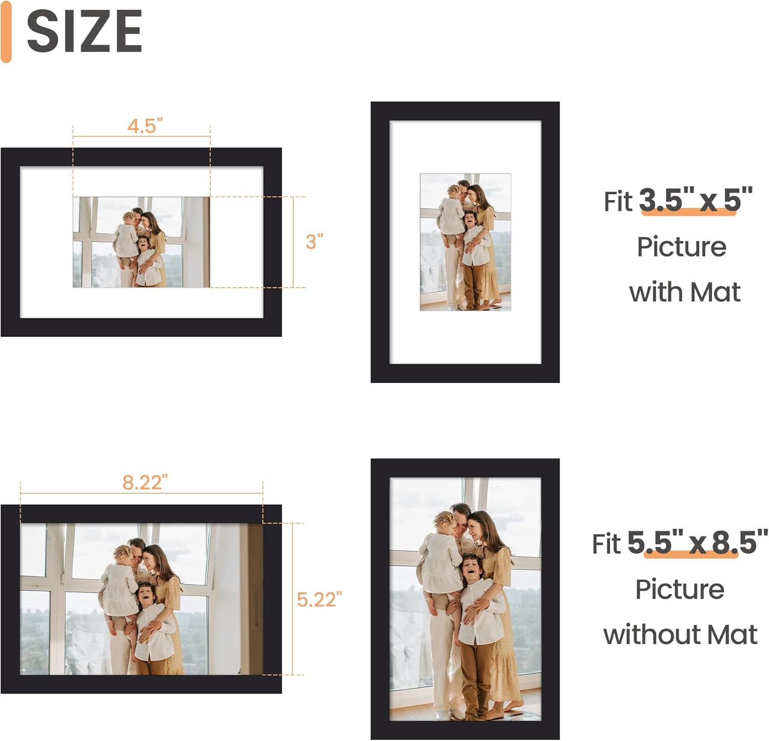Upsimples Picture Frame - 5.5x8.5 Inch Wall Hanging Frame in Black | Displays 3.5x5 or 5.5x8.5 Photos
