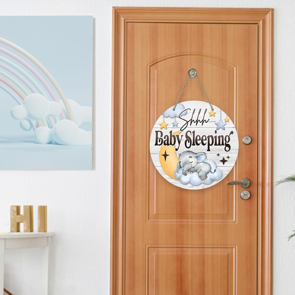 Shhh Baby Sleeping Front Door Sign, Elephant Moon Cloud Stars Wood Door Hanger Nursery Kids Bedroom Decor, Infant Toddler Baby Boy Girl Room Rustic Wooden Wreath Indoor Wall Hanging Decoration