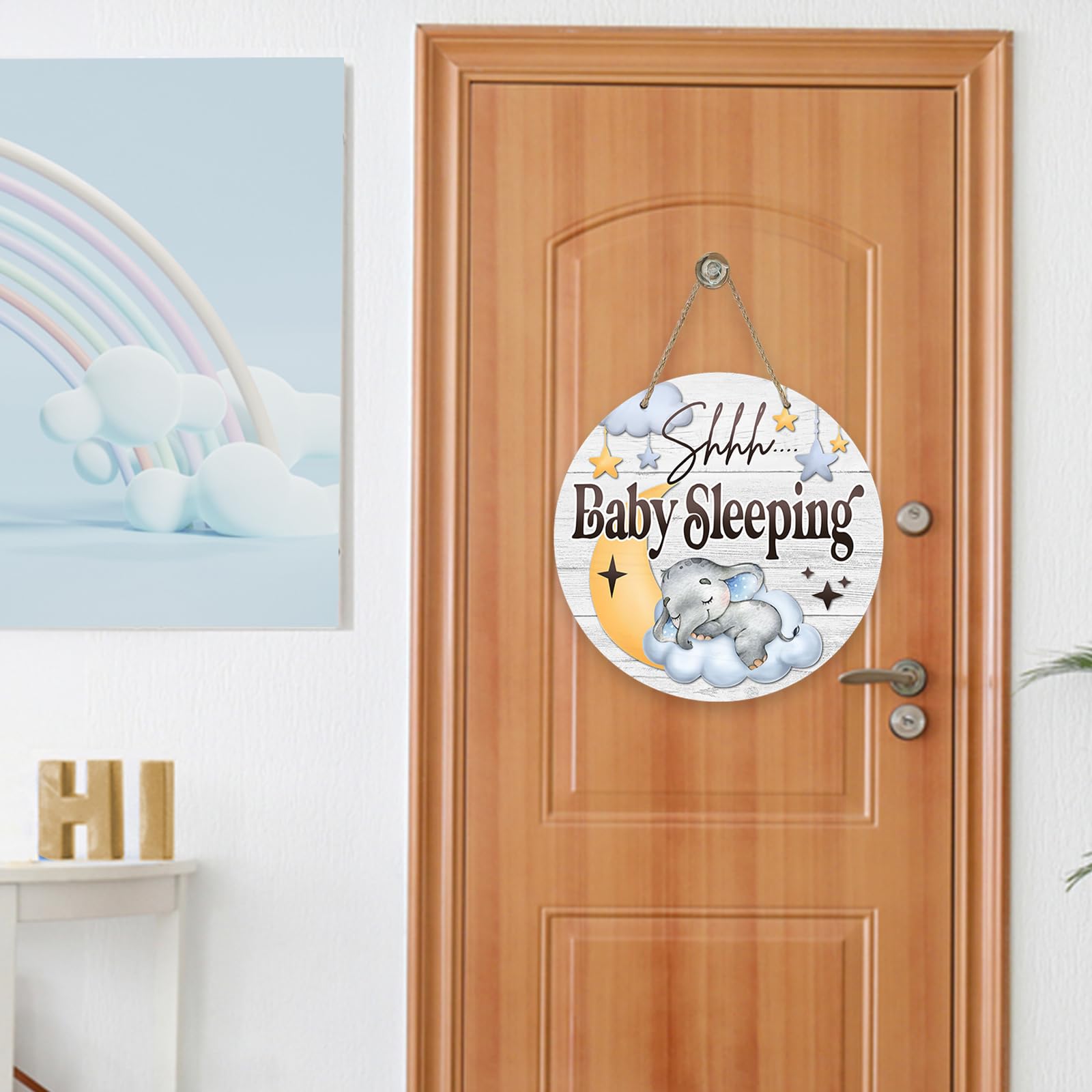 Shhh Baby Sleeping Front Door Sign, Elephant Moon Cloud Stars Wood Door Hanger Nursery Kids Bedroom Decor, Infant Toddler Baby Boy Girl Room Rustic Wooden Wreath Indoor Wall Hanging Decoration