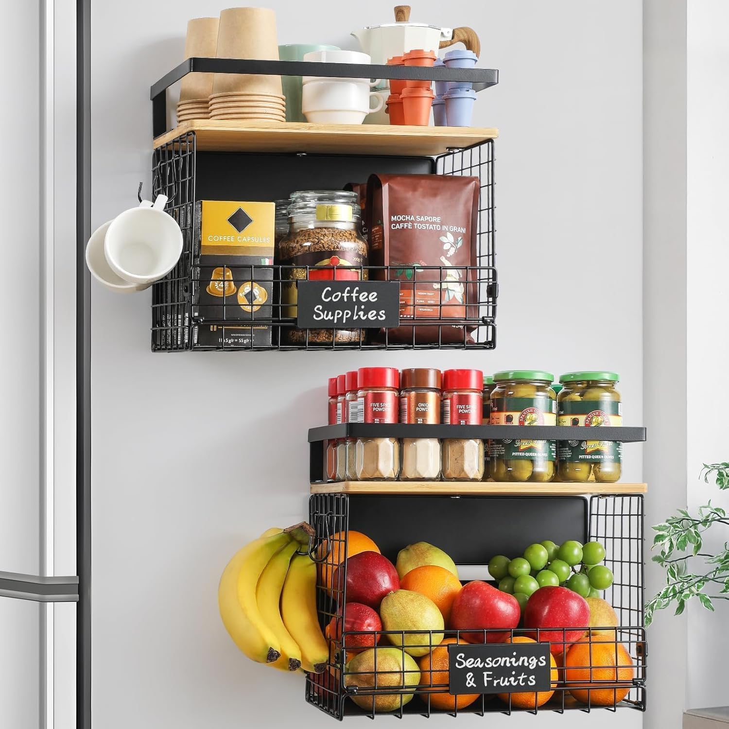 WIDER SHELF Magnetic Shelf Basket Set - XXL Large Bamboo Top Spice Rack for Fridge & Pantry Storage
