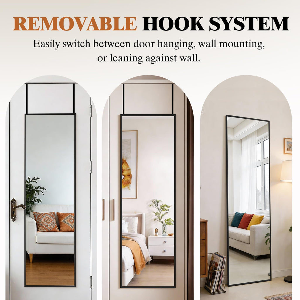 DUMOS 47x14 Full Length Mirror Over the Door, Wall Mounted Full Body Mirror, Door Hanging Metal Aluminum Alloy Frame Dressing Mirrors for Bedroom, Living Room, Entryway, Black