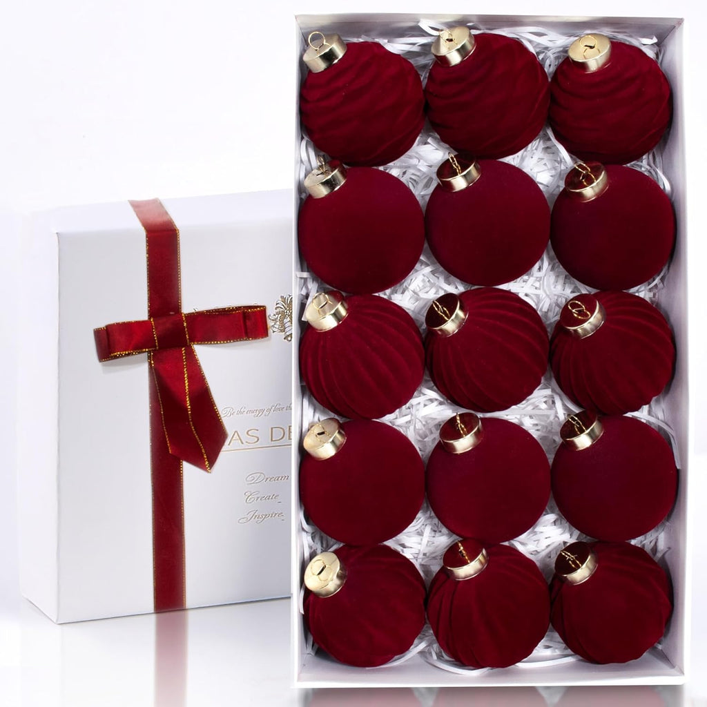 Red Velvet Flocked Christmas Ornaments by [Brand Name] - 15PCS Shatterproof Matte Balls for Elegant Holiday Decor | 3.15” Burgundy Red