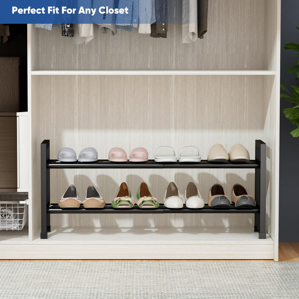 Abiglifty 2-Tier Expandable Shoe Rack,17"-33" Adjustable Shoe Rack for Closet,Metal Shoes Shelves for Front Door Entrance, Garage & Corridor, Free Standing Shoe Holders, Easy to Assemble,Black