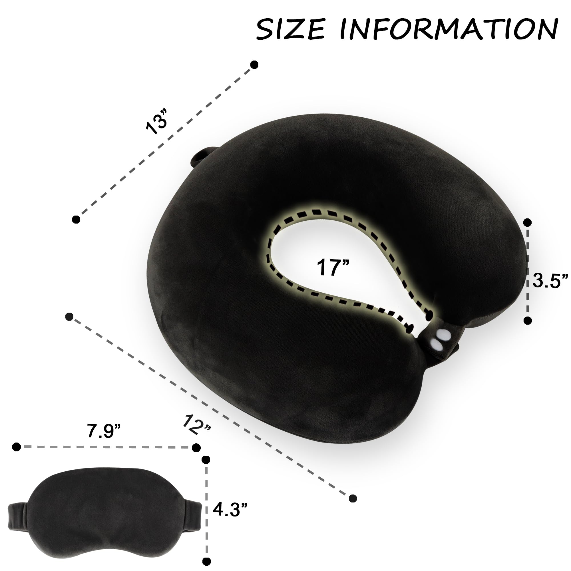 Sexysamba Pure Memory Foam Travel Pillow Set for Adults - Comfortable & Removable Machine Washable Cover, Neck Support Pillow Airplane Travel Kit with Eye Mask for Portable Plane Accessories - Black