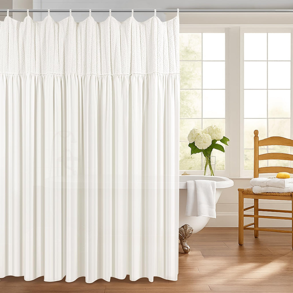Treory Valentine’s Day White Shower Curtain Set, Victorian Linen Shower Curtain for Bathroom with Fabric Ropes, Romantic Modern Decor for Girls & Women, 72" x 72"