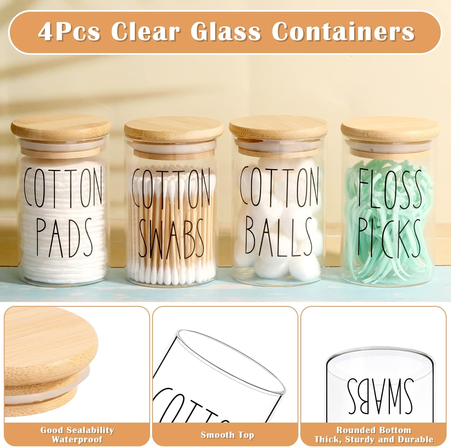 ROADPLUM Qtip Holder Bathroom Set - 4 Pack 10 oz Glass Jars with Lids for Cotton Balls & Makeup Storage