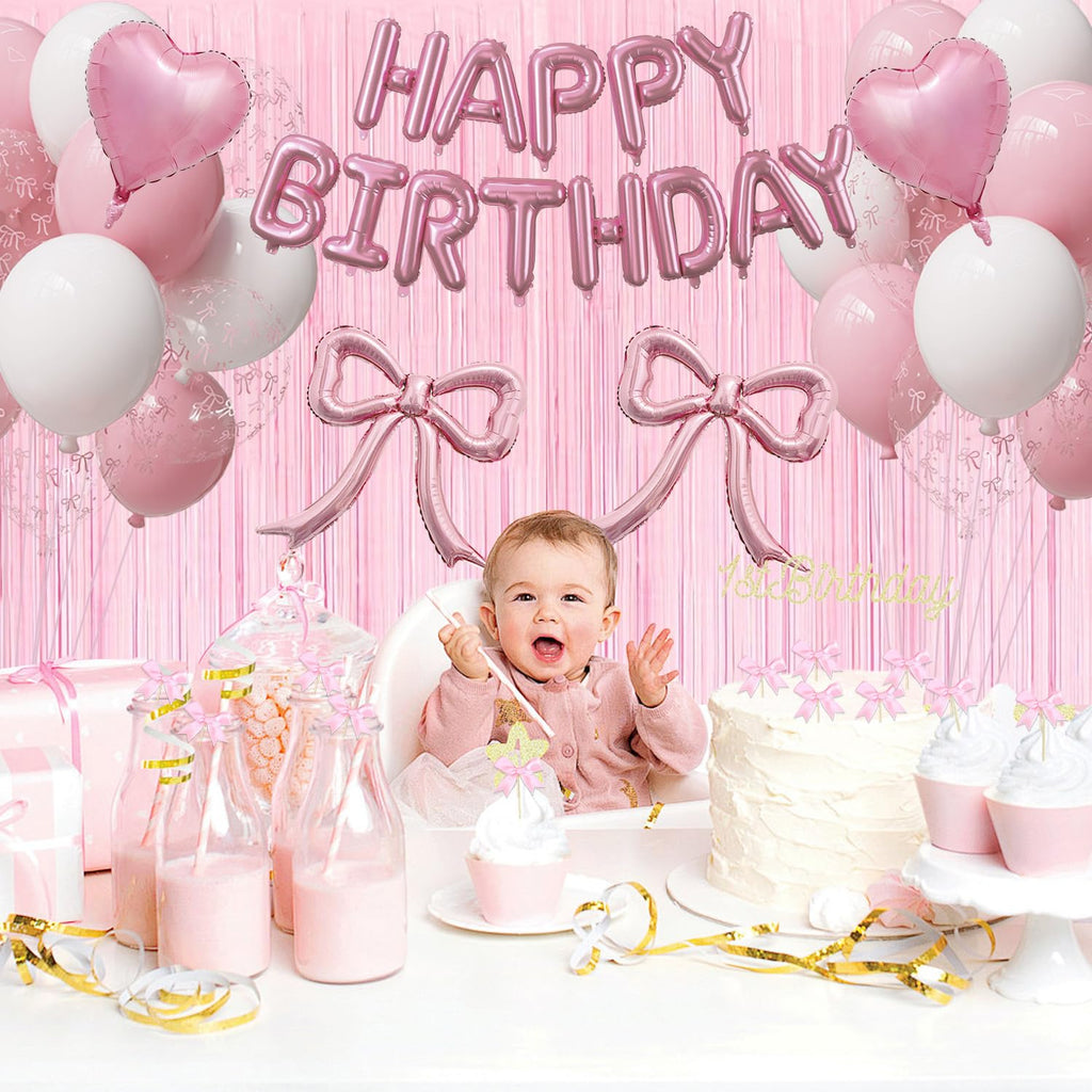 Pink Bow Birthday Party Decorations Kit with Bows Happy Birthday Balloon Banner, Pastel Pink Fringe Backdrop, Heart Balloons and Cake Toppers – Coquette Decor for Girls & Women