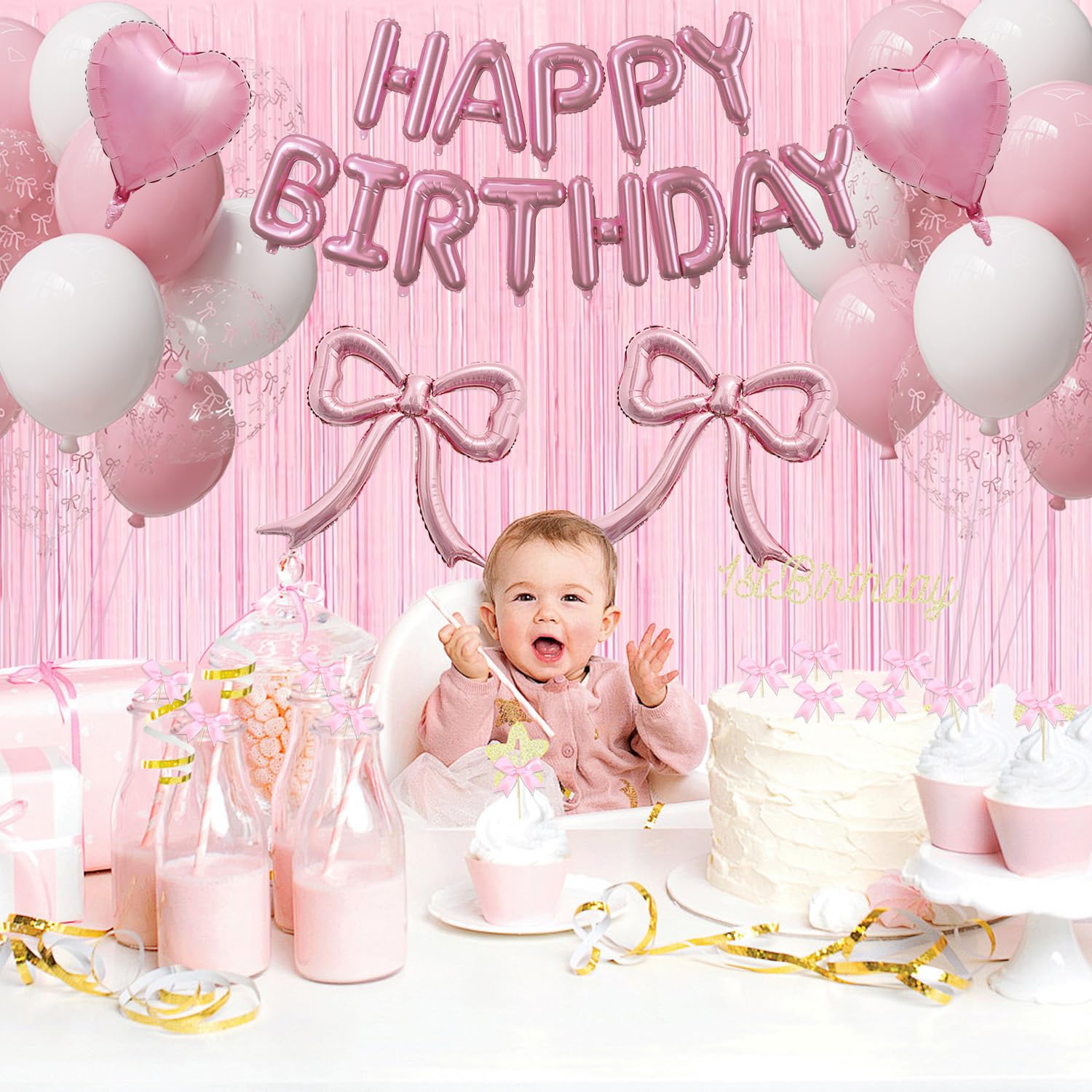 Pink Bow Birthday Party Decorations Kit with Bows Happy Birthday Balloon Banner, Pastel Pink Fringe Backdrop, Heart Balloons and Cake Toppers – Coquette Decor for Girls & Women