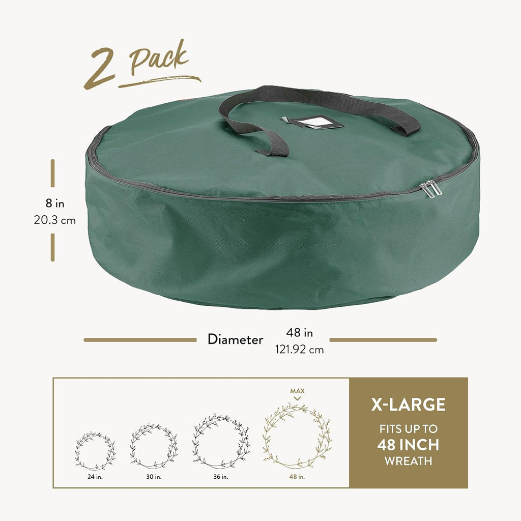 ZOBER Oxford Christmas Wreath Storage Container - 48 Inch Waterproof Bag with Dual Zippers & Durable Handles - Green
