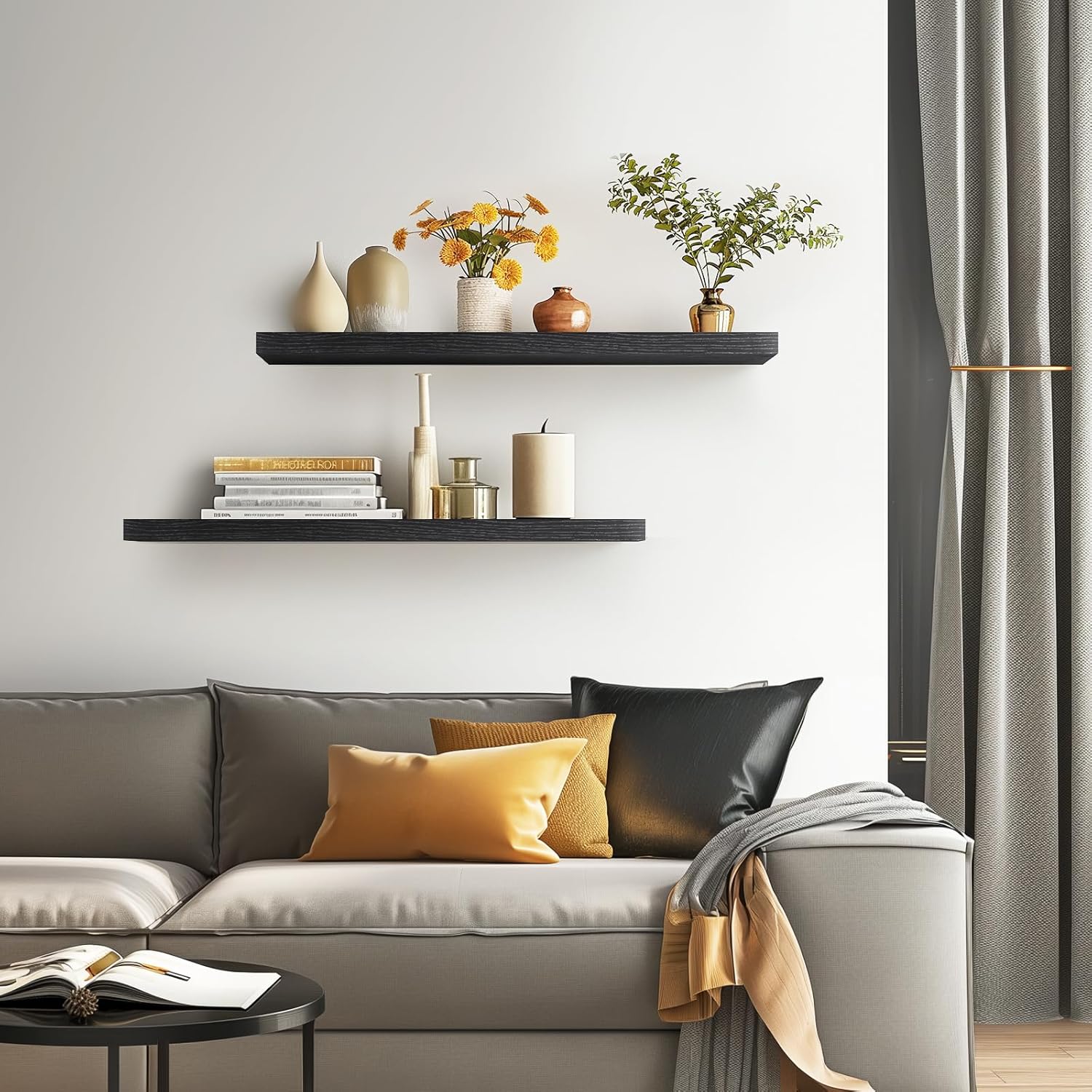 BAYKA Floating Wall Shelves - 36-Inch Rustic Wood Design for Home & Office | Set of 2 (Black)