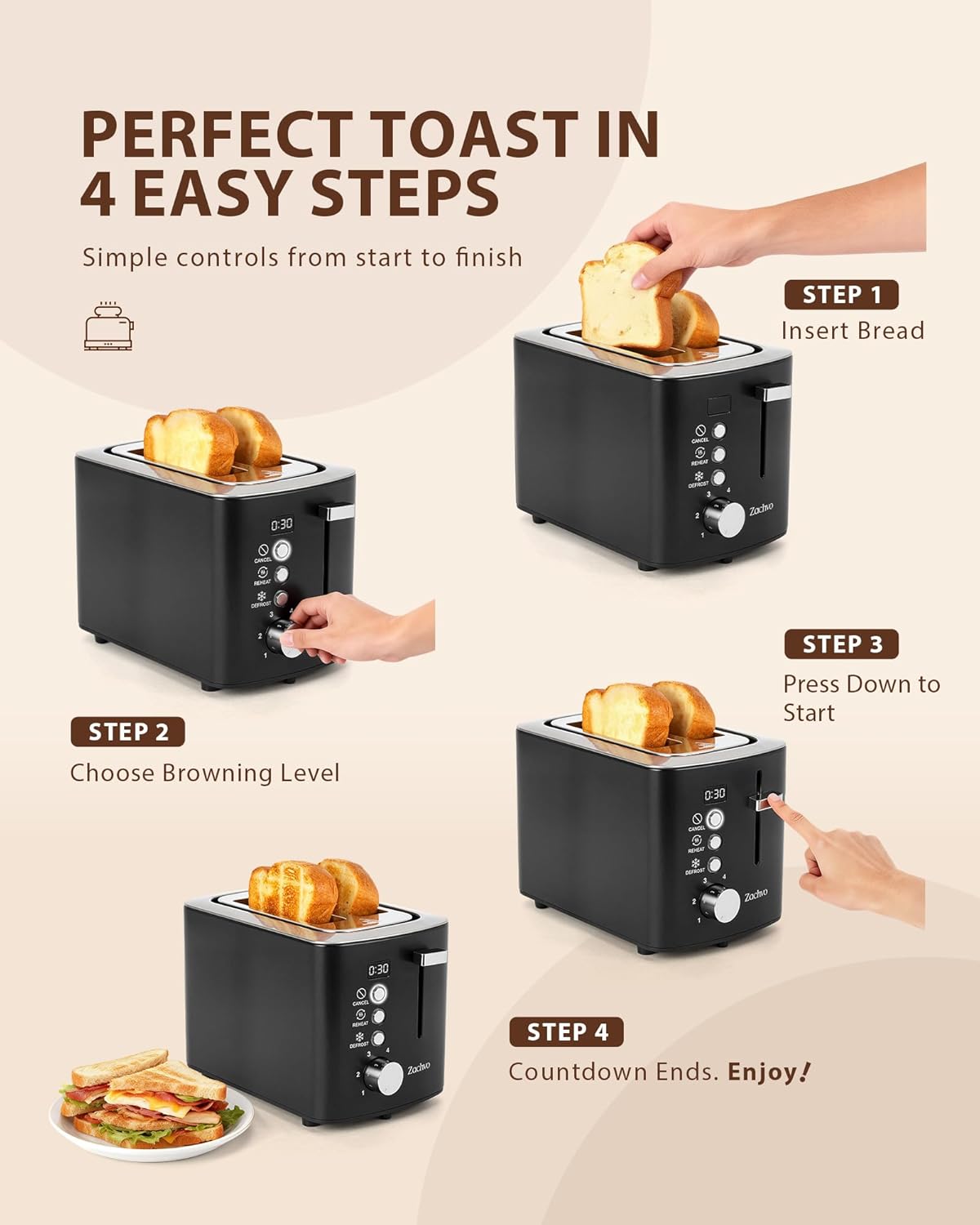 Skiennix 2-Slice Toaster - Wide Slots for Bread & Bagels | Stainless Steel with Digital Countdown, 6 Shade Settings, Compact Black Design