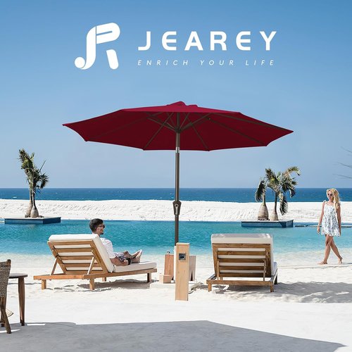 JEAREY 9FT Outdoor Patio Umbrella - Push Button Tilt & Crank | UV Protection, Waterproof - Brick Red