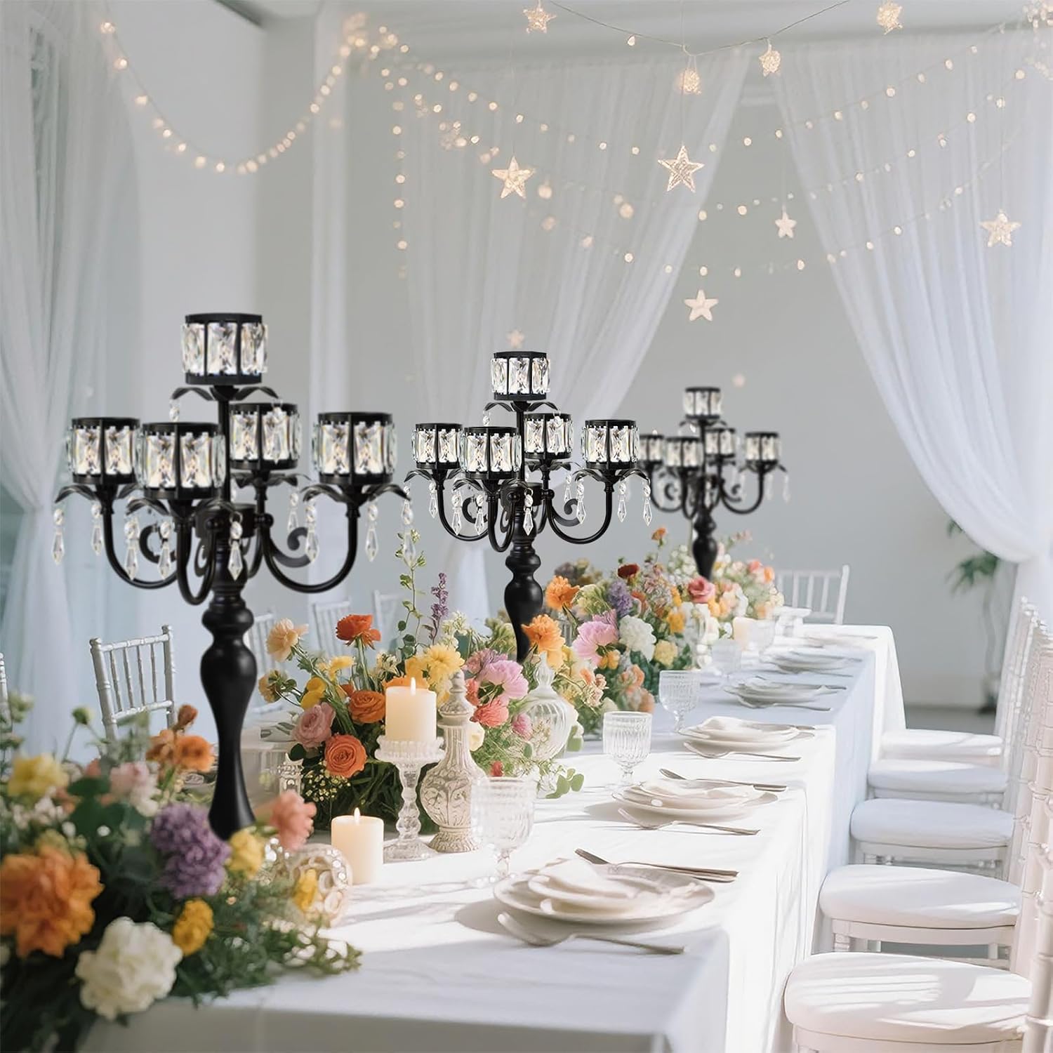 Skiennix 5-Arm Crystal Pendant Candle Holder - Elegant 22-Inch Tall Wedding Centerpiece | Black Finish