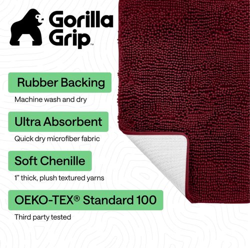 GORILLA GRIP Bath Rug Mat - Soft Absorbent Chenille | Quick-Dry Microfiber, 48x17, Burgundy