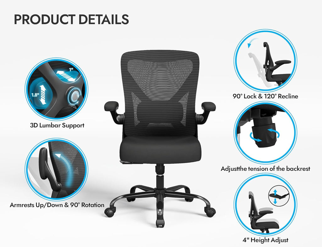 Skiennix Ergonomic Office Chair - Adjustable Lumbar Support for Home Office & Gaming - Comfortable Black Design