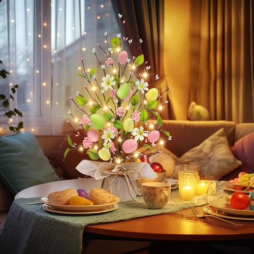 2 Pack & Timer - Lighted Easter Egg Tree Tabletop Easter Decorations 40 LED 18 Colorful Eggs 12 Flowers 20 Berries 112 Floral Berries Battery Operated Artificial Tree Decor Home Indoor Spring