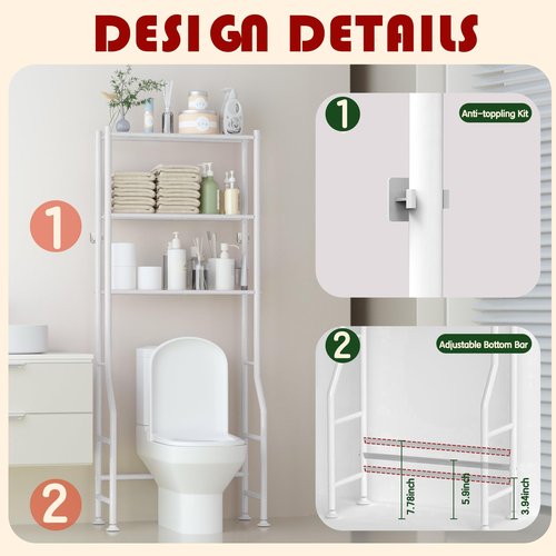 GloTika 3-Tier Over Toilet Storage Rack, Metal Over Toilet Bathroom Organizer Shelf, Freestanding Space Saver Storage Shelves for Bathroom/Laundry/Living Room (White)