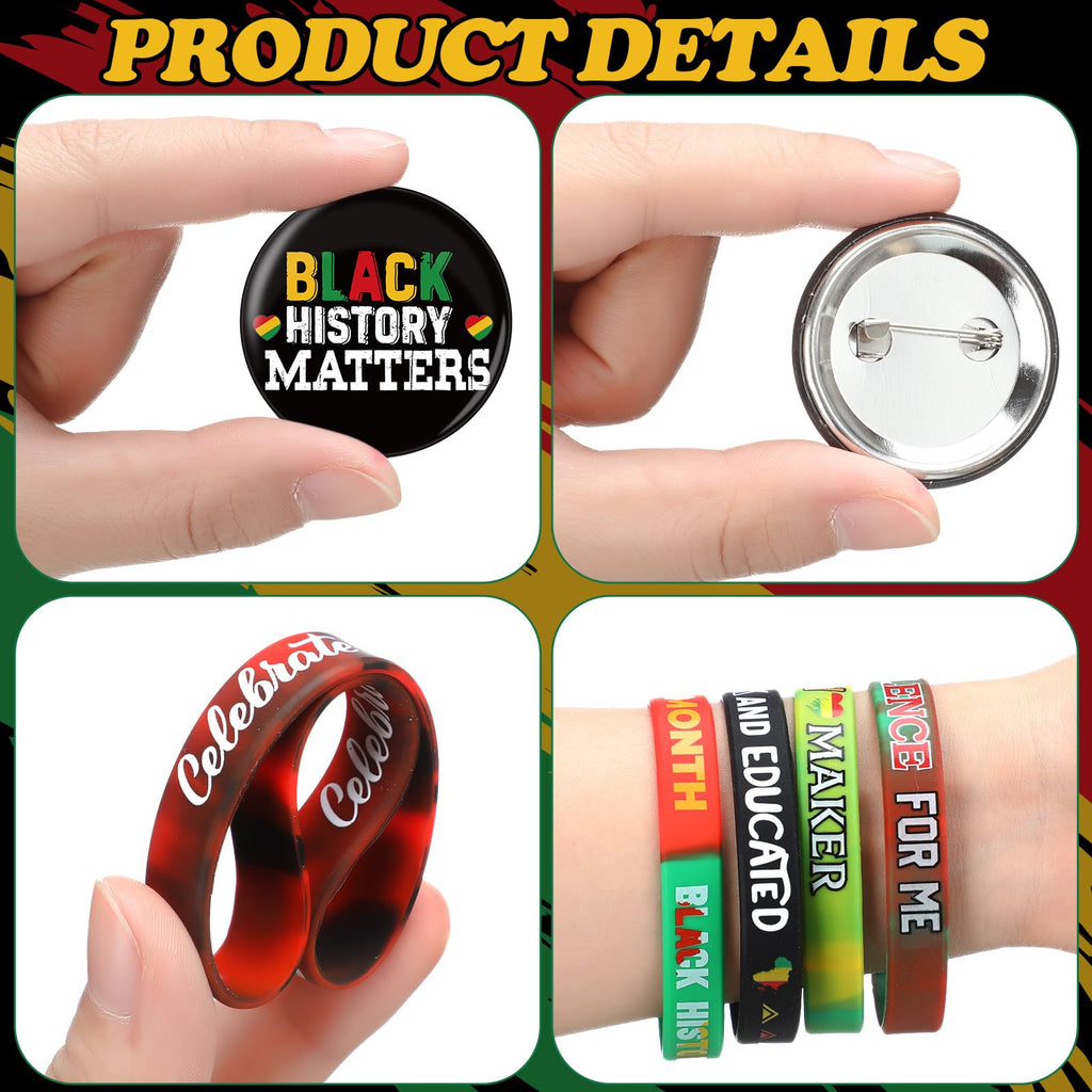 Remuuly 200 Pcs Black History Month Accessories Set Include 100 Silicone Bracelet 100 Inspirational Pin for African Afro American Festival Black American Celebration Accessories