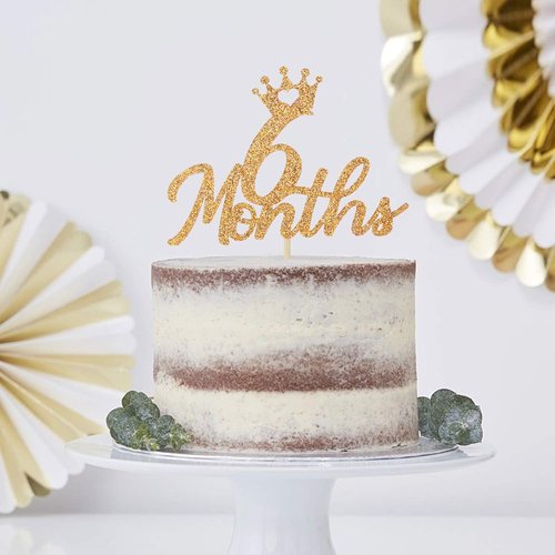 Gold Glittery Cake Topper by [Brand Name] - Perfect for Baby's 6-Month Birthday Celebration | Elegant Half-Year Decor