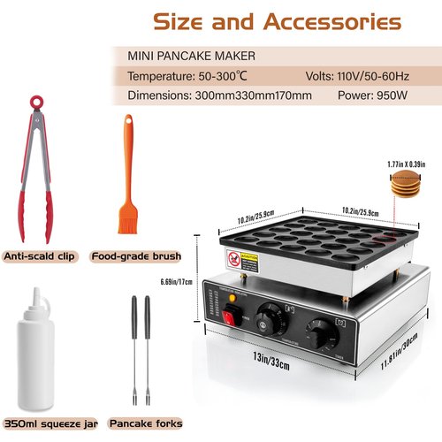 GDDGHS Mini Pancake Maker Machine, 25PCS Mini Dutch Pancake Baker Maker Commercial, Stainless Steel, Temp & Time Control, 110V 950W Commercial Pancake Maker with Accessories