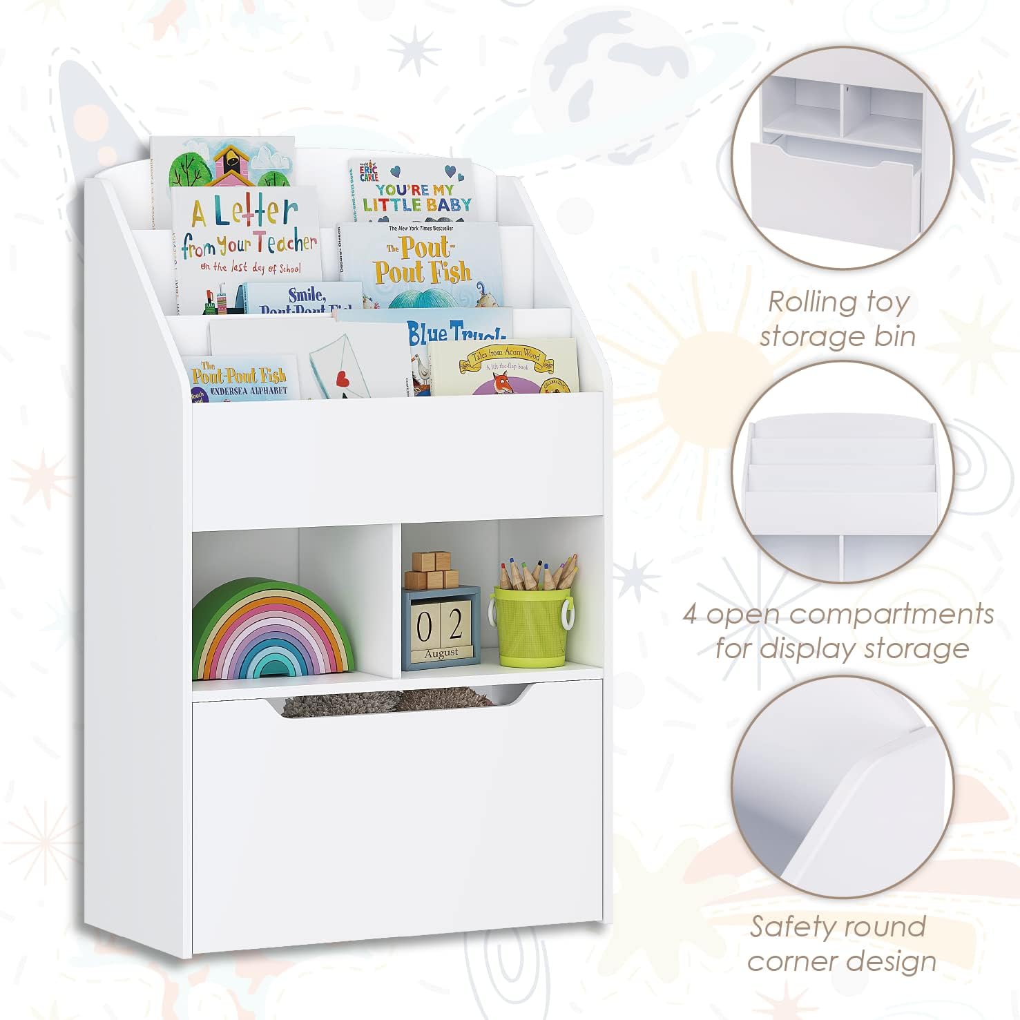 UTEX Kids Bookshelf with Movable Toy Box, Toddler Book Shelf and Toy Storage, Children Book Display Rack Toy Chest Combo for Kids Room & Nursery, White