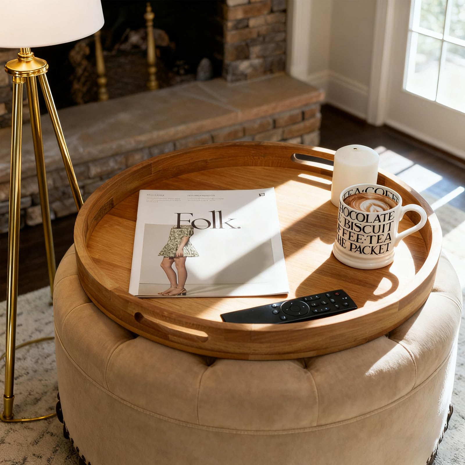MAGIGO 20 Inches Extra Large Round Teak Wood Ottoman Tray with Handles, Serve Tea, Coffee Classic Wooden Decorative Serving Tray
