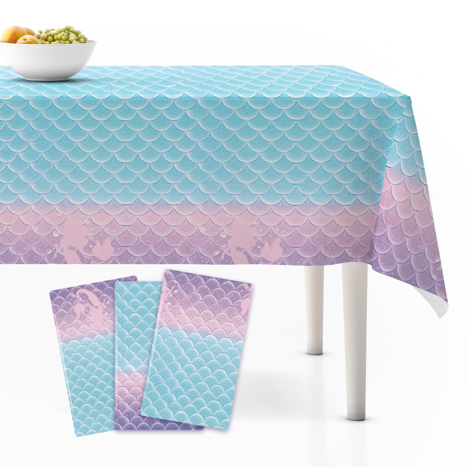 Lknnxs 3 Pack Mermaid Birthday Tablecloth, 54" x 108" Plastic Under The Sea Theme Disposable Table Covers for Girls, Party Decorations for Pool, Ocean Inspired Theme Party Supplies