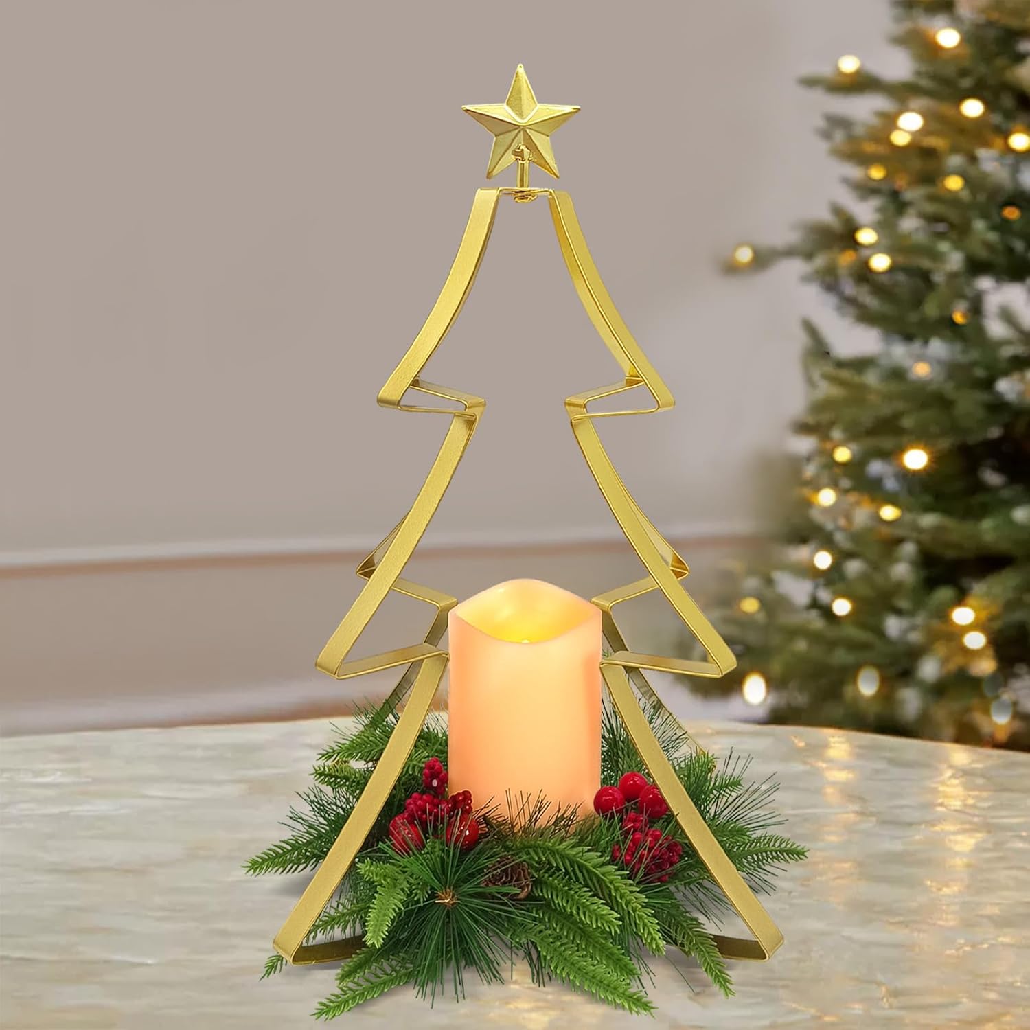 Regine Switzerland Christmas Table Centerpiece - Metal Tree Candle Holder with Battery Operated Light & Red Berries Decor