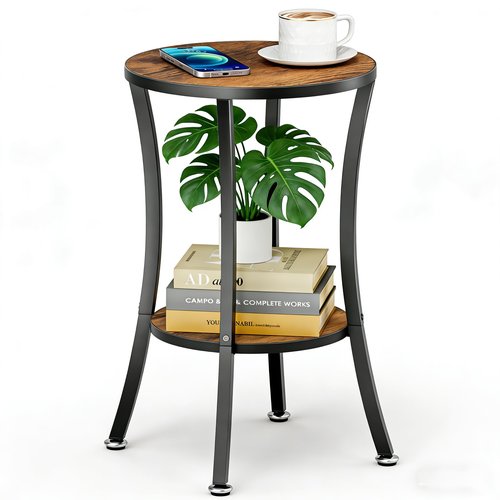 MISSLO Round End Table Living Room 2-Tier Small Side Table Sturdy Small Accent Tables Nightstand for Living Room, Bedroom, Brown