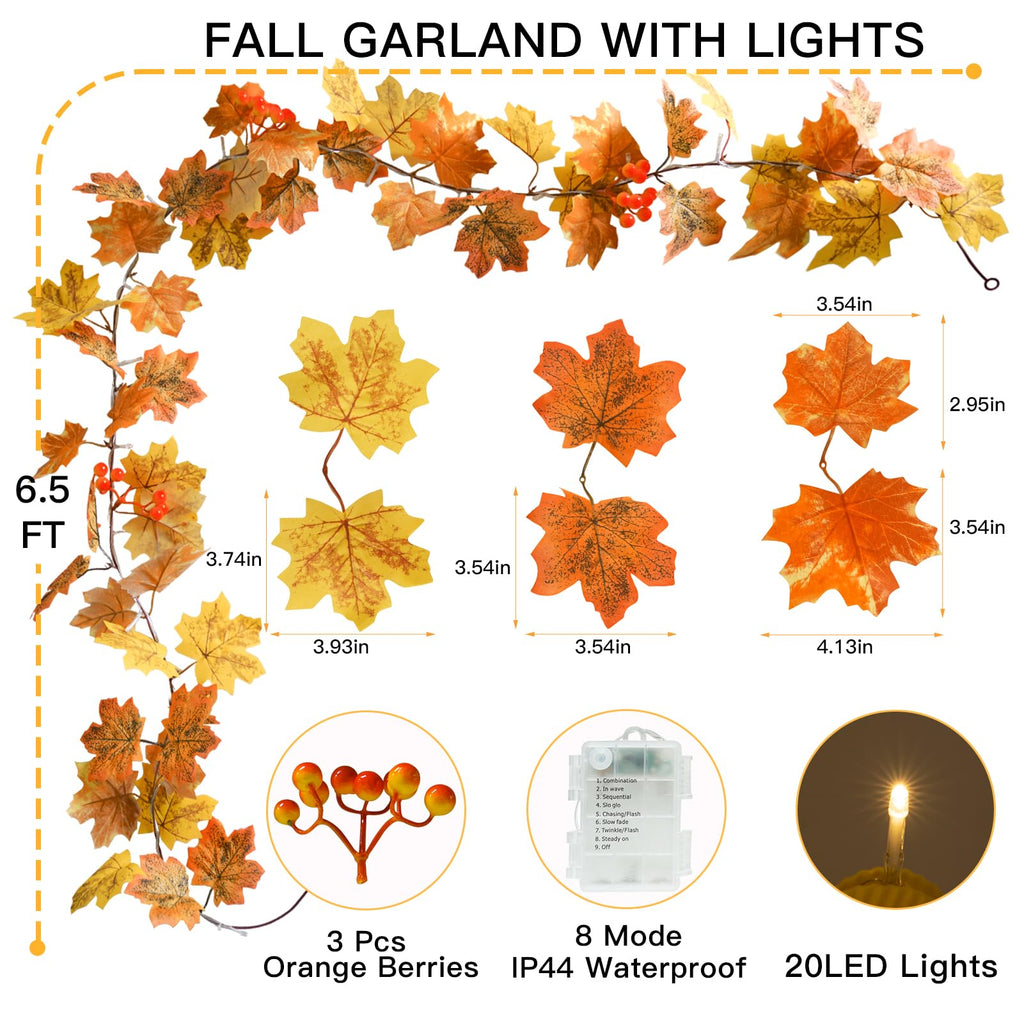 suddus Fall Leaves Garland with Lights, 20LED Battery Operated Fall Lights with Timer, Thanksgiving Decoration for Home, Table, Mantle, Office, Outdoor, Autumn, Halloween, Yellow