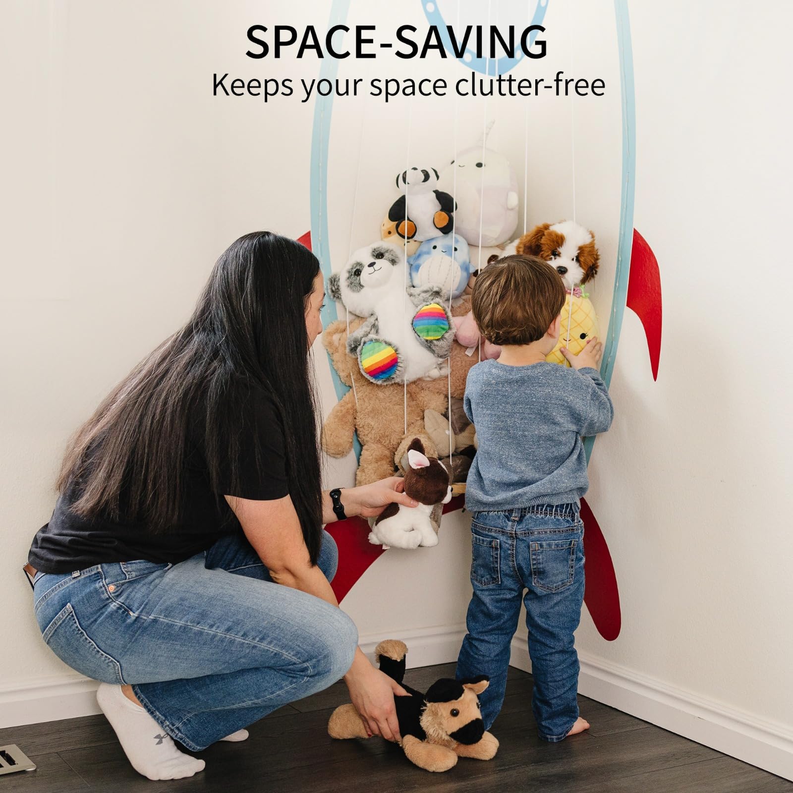 PUTSKA Nursery Furniture Hanging Organizer – Wall Mounted Stuffed Animal Storage for Baby Room, Corner Plush Collection Display & Nursery Organization System, Space-Saving Vertical Storage - Spaceship