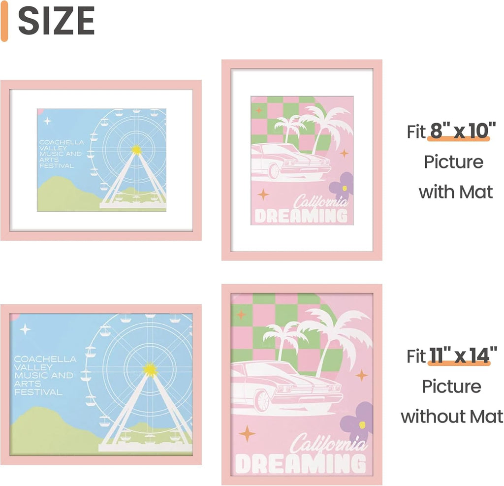 Upsimples 11x14 Picture Frame - Display 8x10 Photos with Mat or 11x14 Without - Pink, 1 Pack
