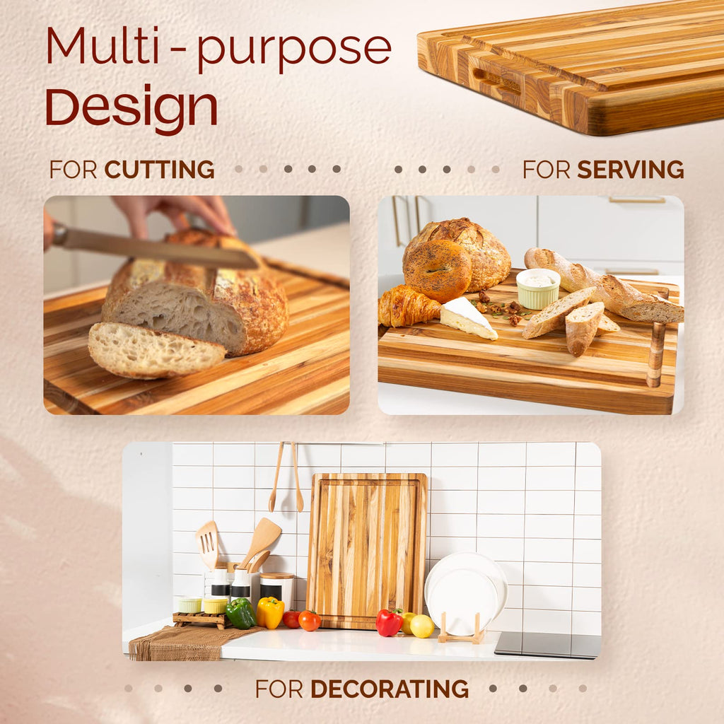 Yes4All Plus Large Edge Grain Teak Cutting Board for Kitchen, 24''L x 18''W x 1.5''Thick, Durable Wood with Juice Grooves, Pre-Oiled, Easy Grip Handles, Ideal for Chopping and Serving