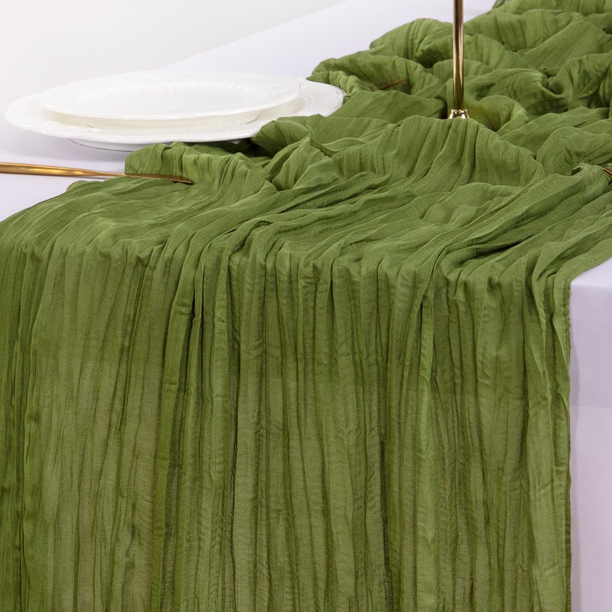 Socomi Cheesecloth Table Runner - Boho Rustic Green 120-Inch for Weddings, Parties & Home Decor