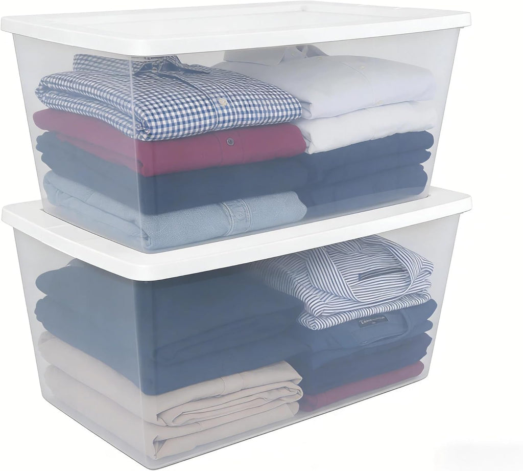 Skiennix 90QT Transparent Plastic Storage Boxes - 2-Pack with Snap-On Lids | Large 29" L x 18" W x 13" H for Home & Office