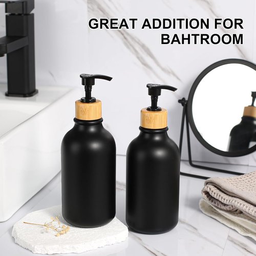 KASUNTING Hand Soap Dispenser Set - Stylish Black Dish Soap Dispenser with Bamboo Pump | 17 Fl Oz, 2 Pack