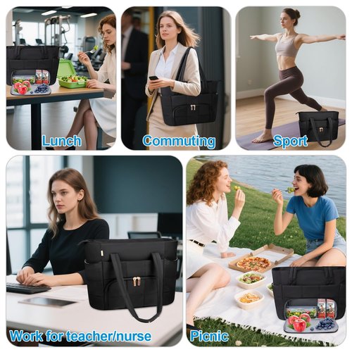 Partreko Work Laptop Tote Bags with Insulated Lunch Compartment& Clutch Purse, Lightweight Puffer Lunch Tote Bag with 15.6 Inch Laptop Compartment for Women Daily Business Office Teacher Nurse (Black)
