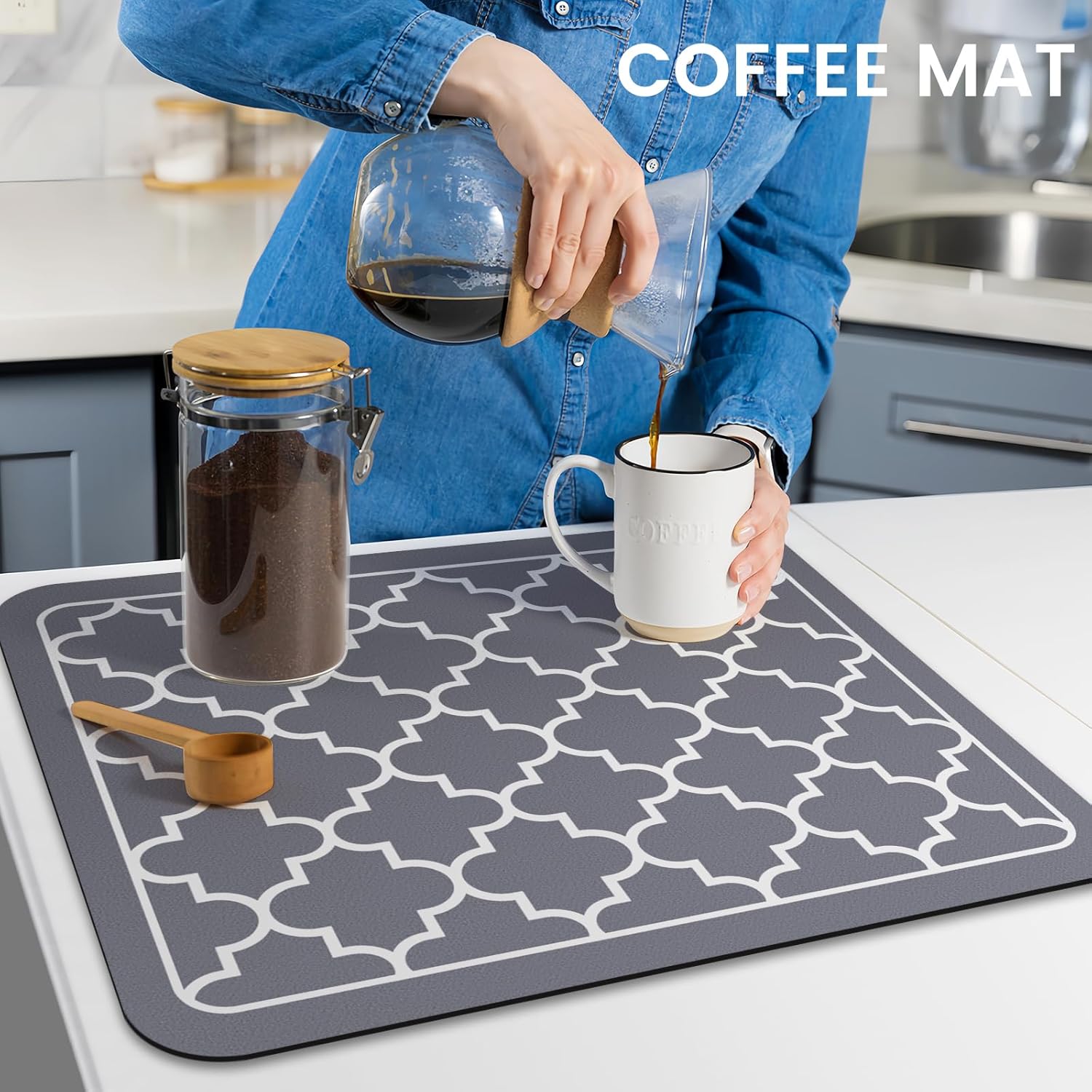 WISELIFE Dish Drying Mat - Super Absorbent Kitchen Counter Mat | Large 15"x18" Stylish Grey Design