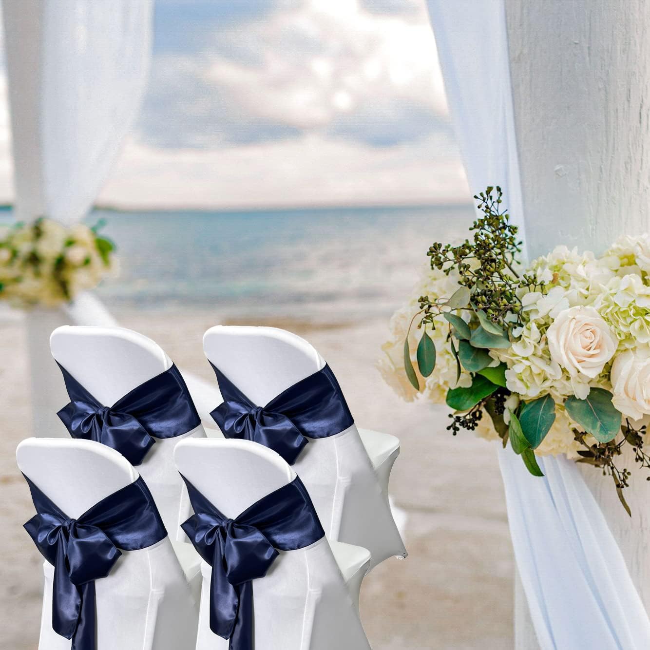 Skiennix Satin Chair Sashes - 50PCS Navy Blue Ribbon Ties for Wedding & Event Decor