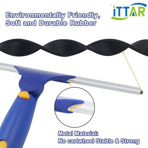 ITTAR Rotatable Window Cleaning Kit, Glass Cleaner Tool with 60" Extension Pole, Rubber Squeegee & 2 Microfiber Pads Combo, Window Washing Equipment for Cleaning Shower, High Windows, Car Glass